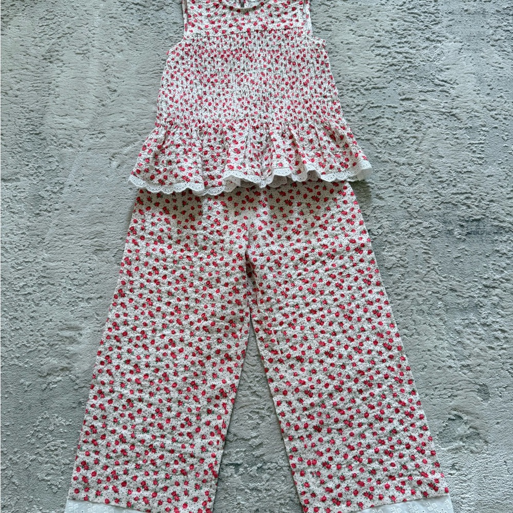 Zara Cream and Pink Floral Smocked Pajama Set